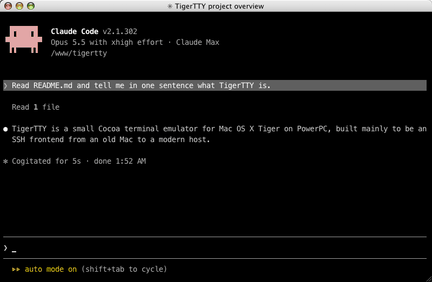 Claude Code in TigerTTY on Mac OS X 10.4.11, over SSH